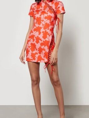 De La Vali Pink and Red Floral Print Trapeze Dress